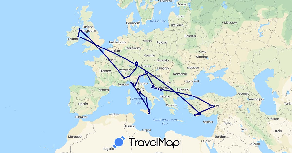 TravelMap itinerary: driving in Austria, United Kingdom, Croatia, Ireland, Italy, Montenegro, Slovenia, Turkey (Asia, Europe)